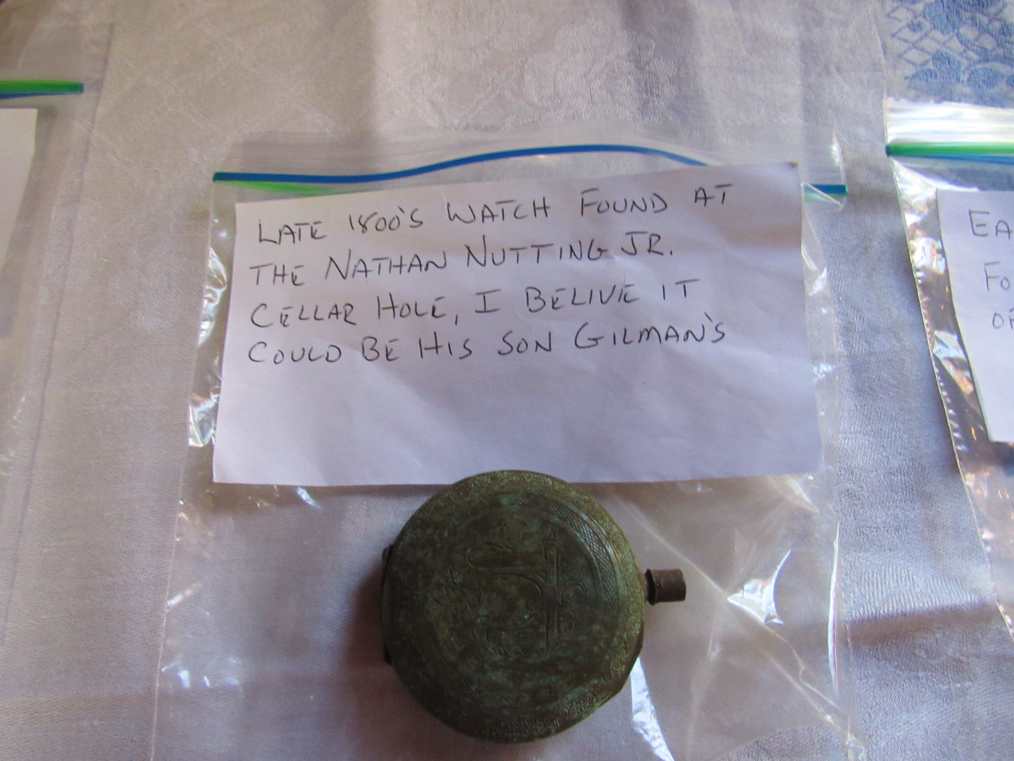 Late 1800’s watch found at the Nathan Nutting Jr cellar hole “I believe it could be his son, Gilman’s” – Larry Nadeau