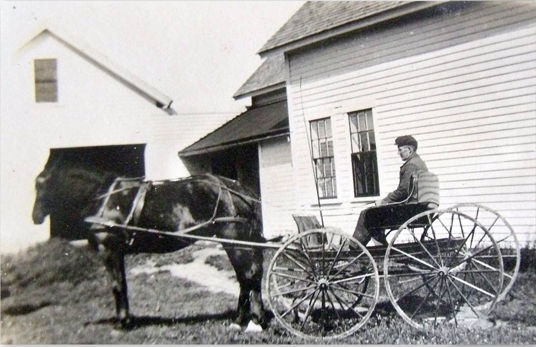 George A Edwards, with horse and cart, in front of his Scribner Hill Road home, circa early 1900s Donated by Joan Welch Wilfong