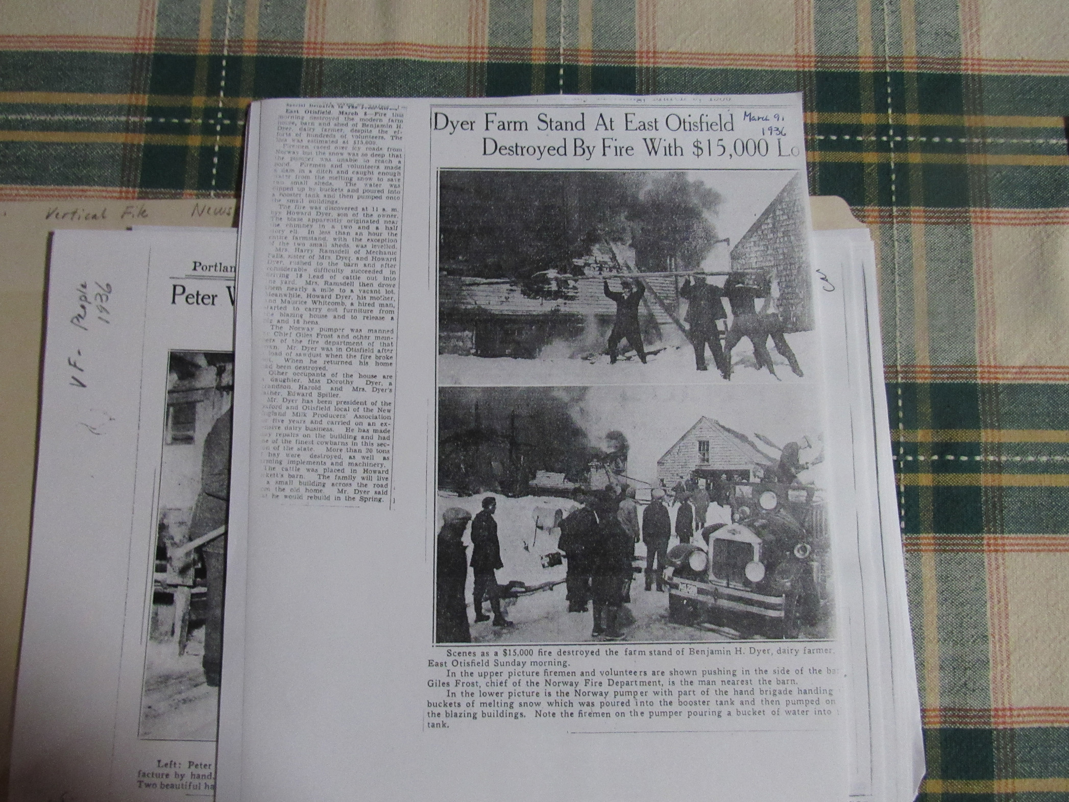 Photograph of Newspaper clipping about the Dyer farm fire in East Otisfield, 1936.