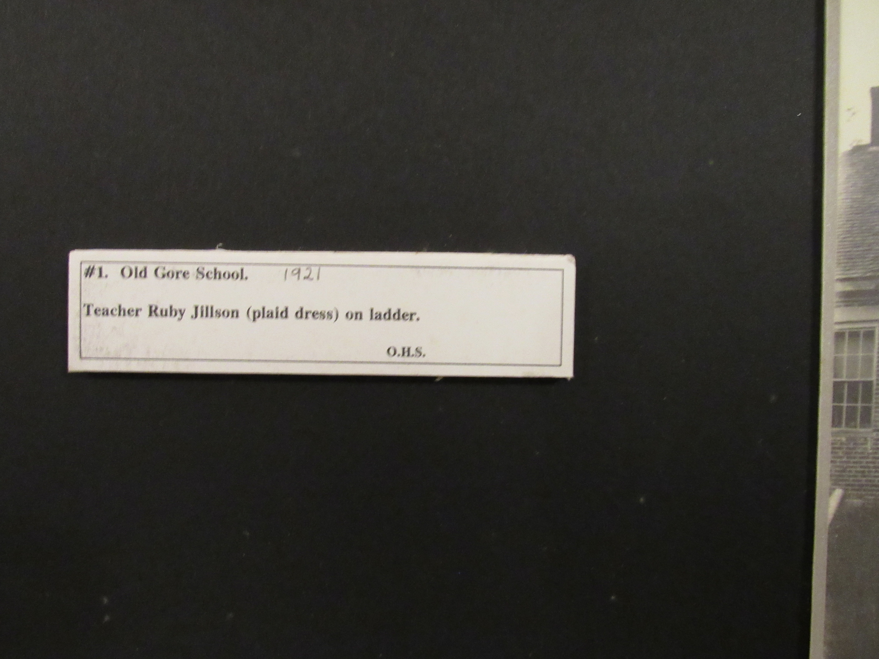 Photograph of Old Gore School, 1921 identification label.