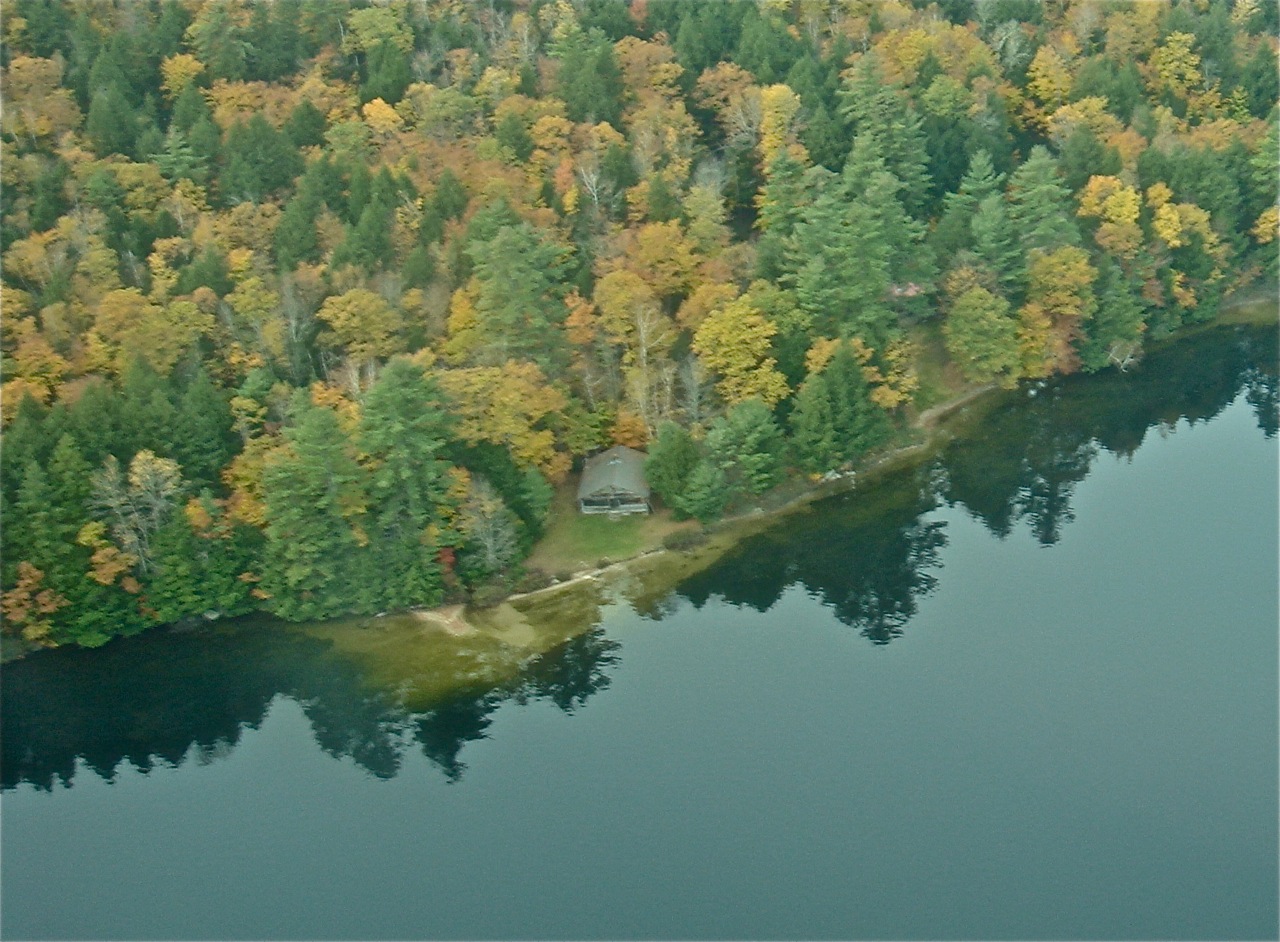 Pottle family camp, “Loseekum,” in Otisfield Cove, from air