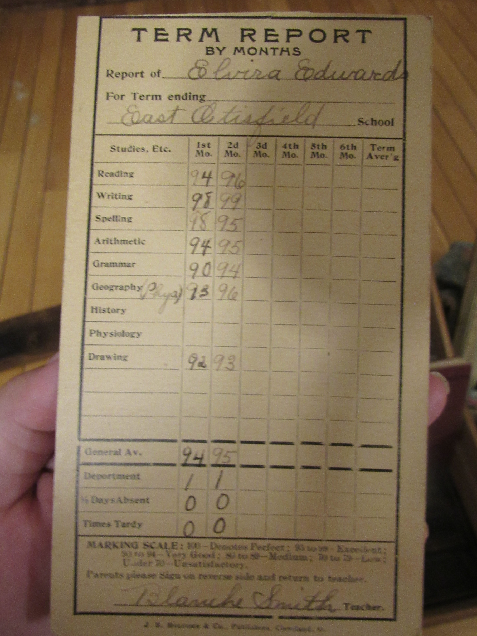 Photograph of Elvira “Vira” Welch’s report card, recorded as Elvira Edwards.