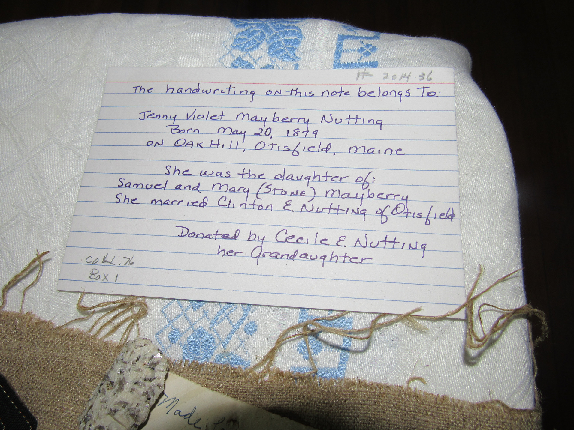 Display note identifying Jenny Violet Mayberry Nutting and the flax-label handwriting.