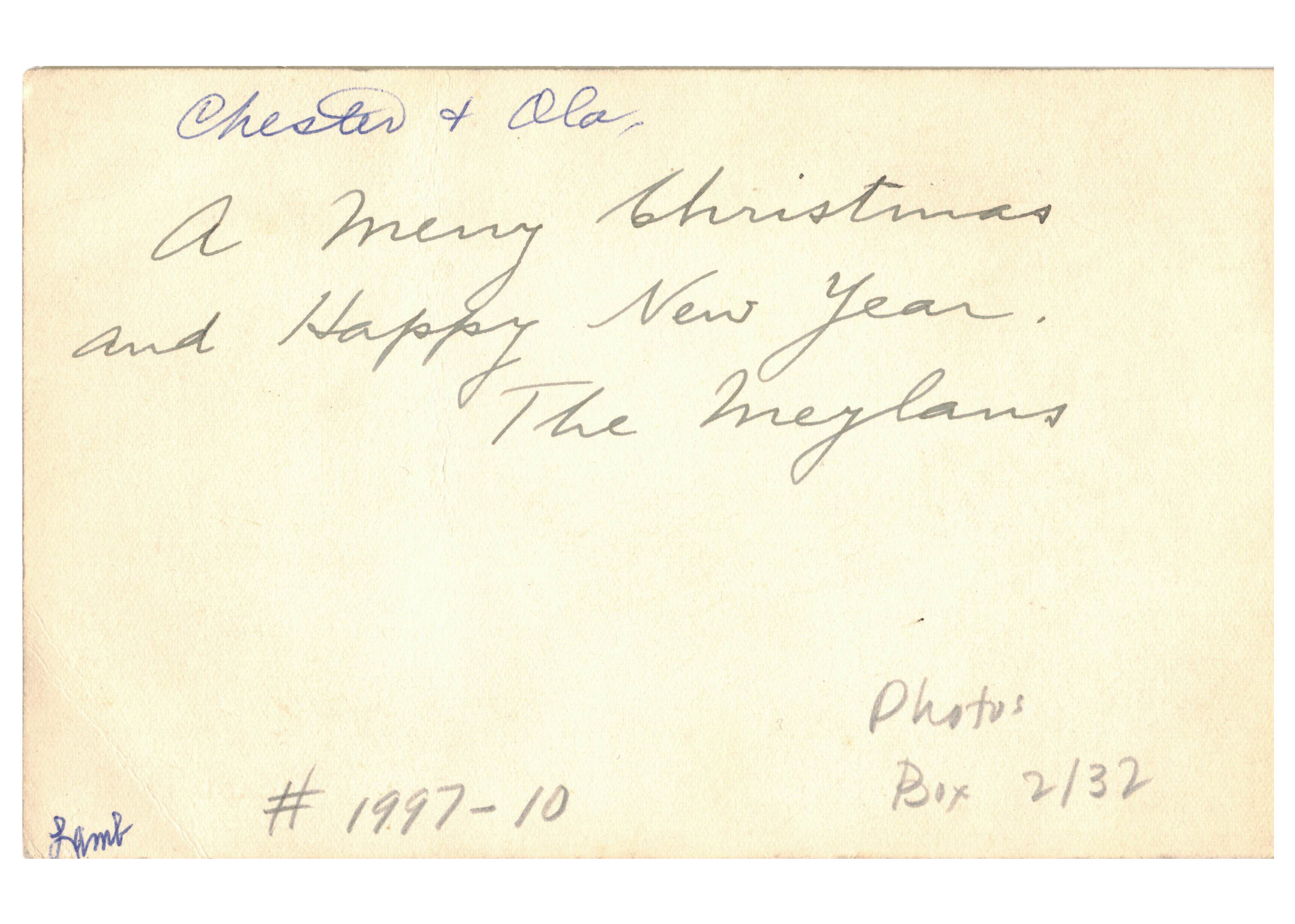Back of the panorama Christmas Postcard from Dr. George Meylan and family to Chester Lamb and family