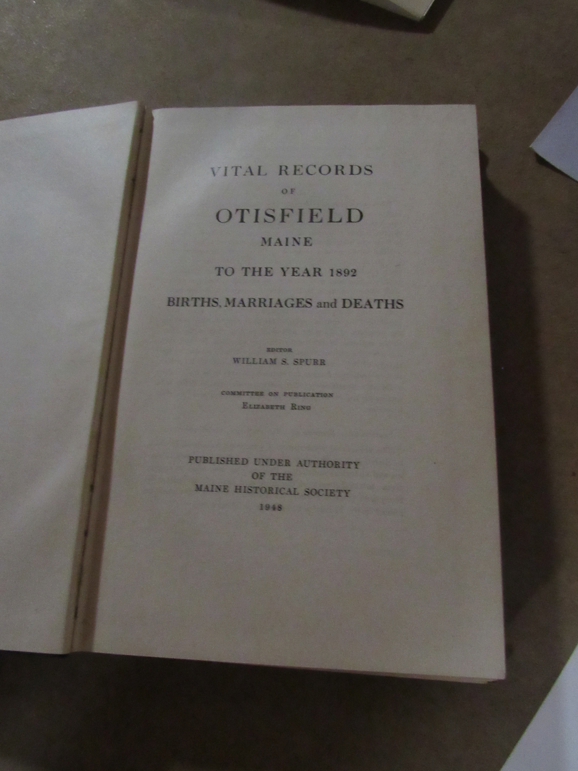 Photograph of Otisfield vital records title page, published 1948.
