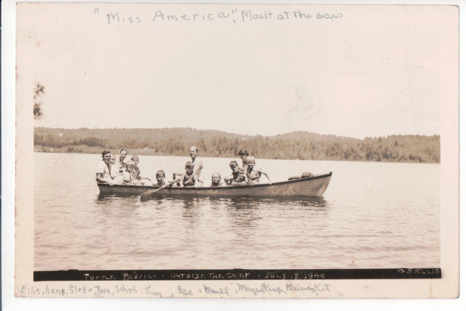 Pottle Family rowing “Miss America” across Otisfield Cove, 1940