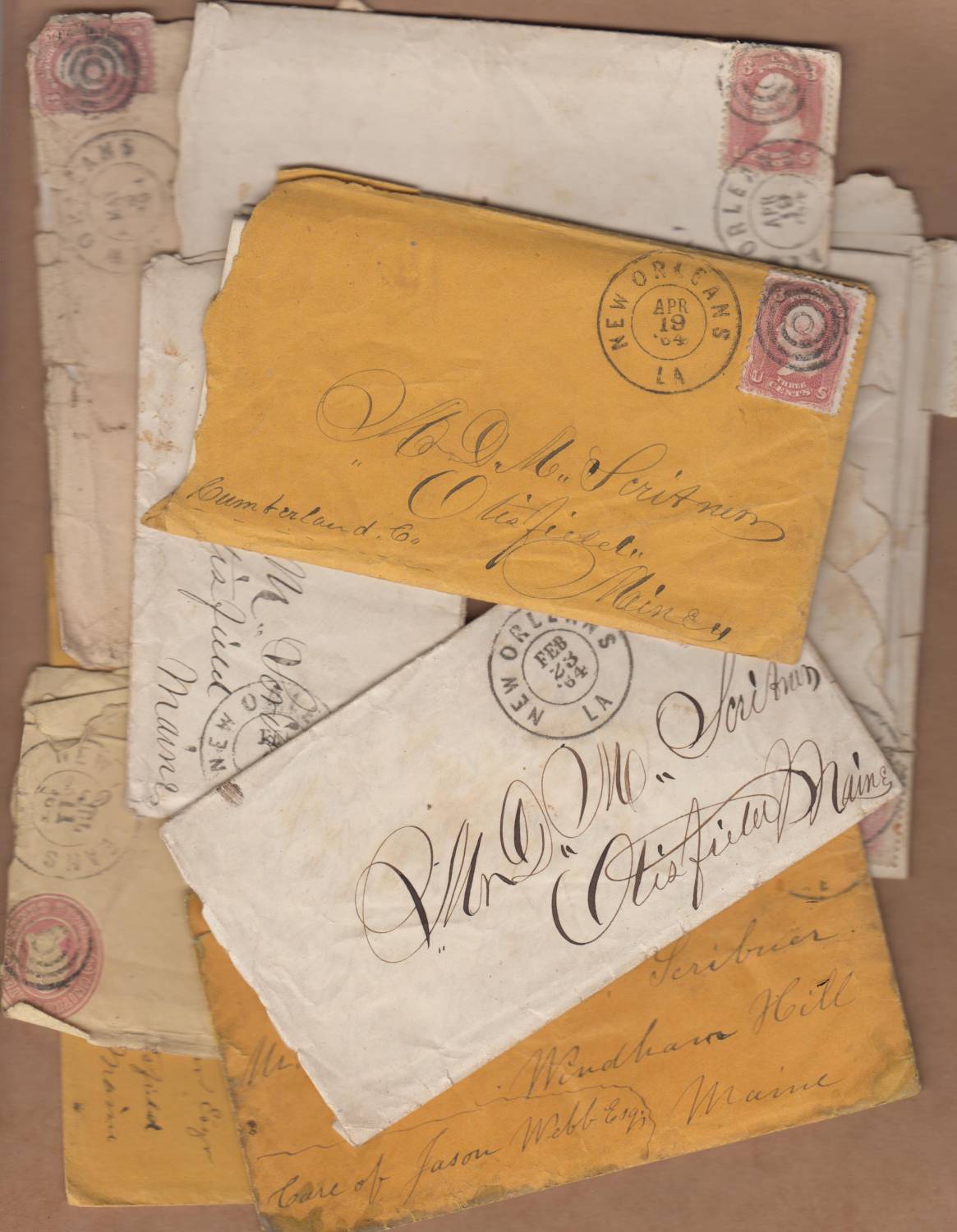 Photograph of Algernon Scribner envelopes with New Orleans postmarks.