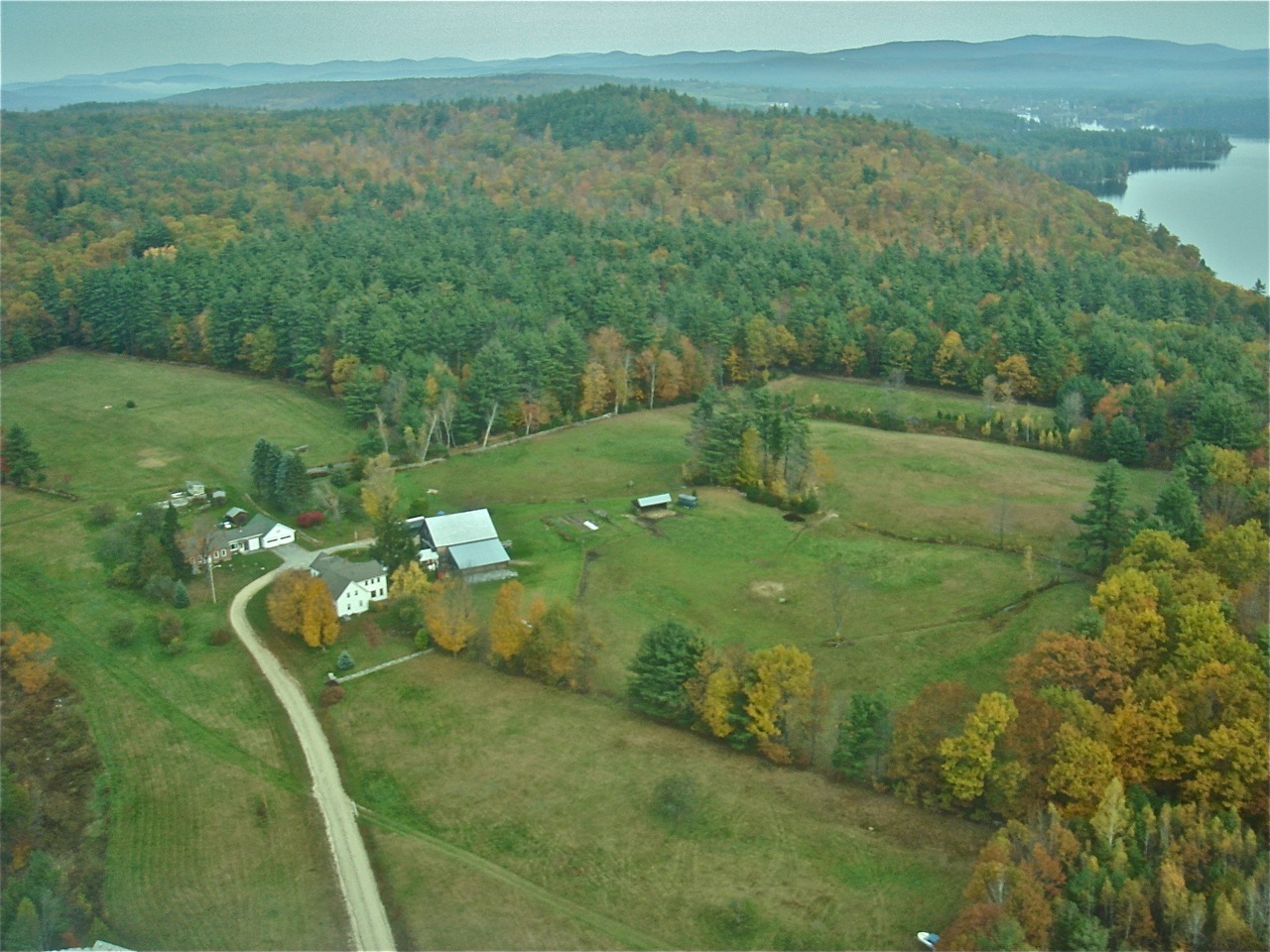 Stonehirst Road from the air, showing Nurmi and Zilinsky homes, with Thompson Lake in the background