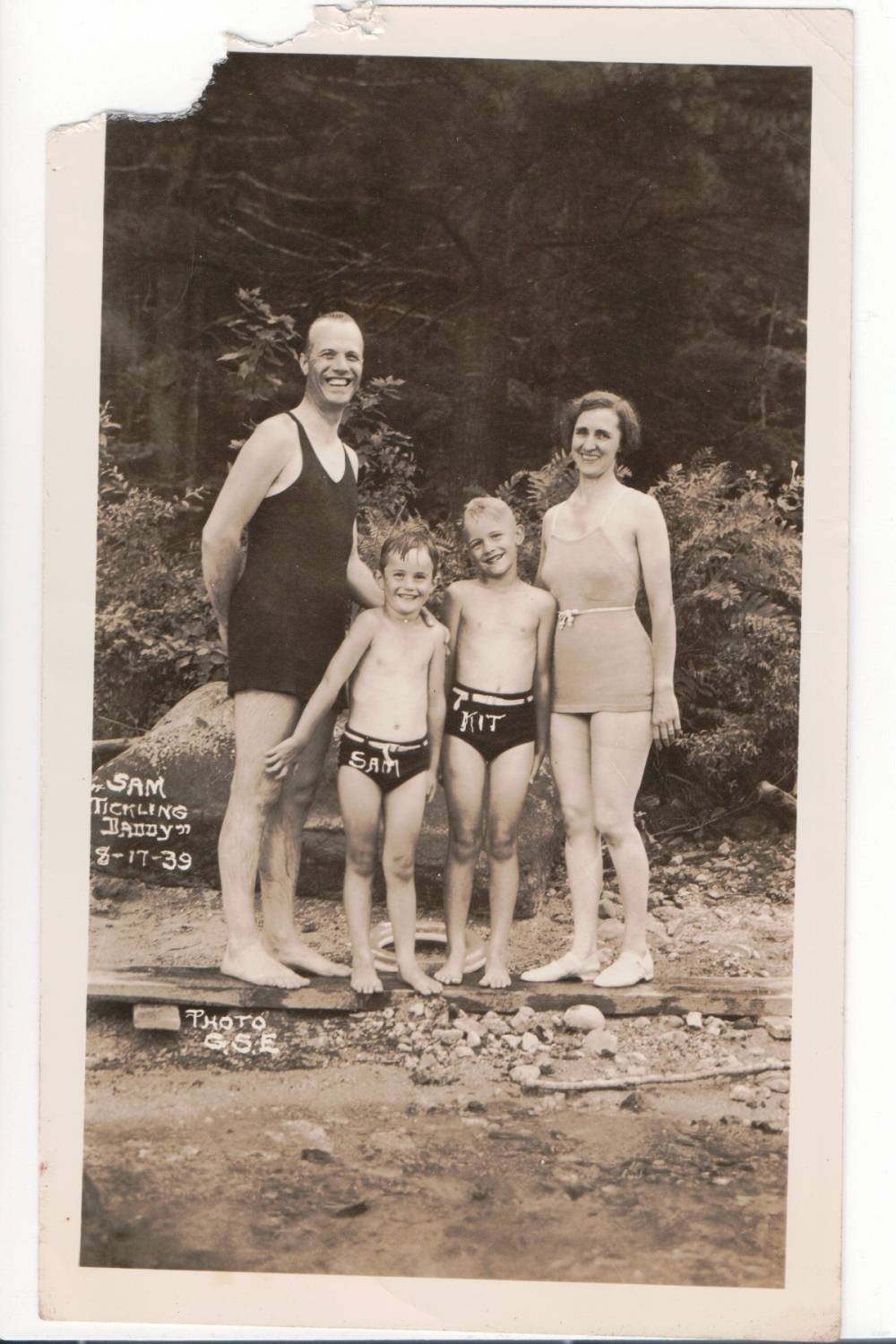 Frederick Pottle with Sam, Chris, wife Marion, 1939, at Pottle Family Camp, Thompson Lake