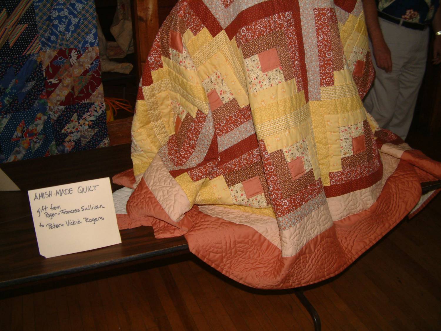 Amish-made quilt given to Peter and Vickie Rogers, displayed in 2004.