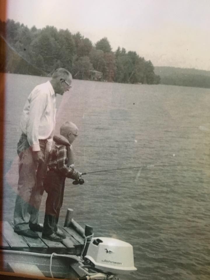 Ken Bartow fishing with his grandfather William Fish at their summer camp on Thompson Lake about 1959. On west shore looking north…see The Beehive Donated by Polly Bartow