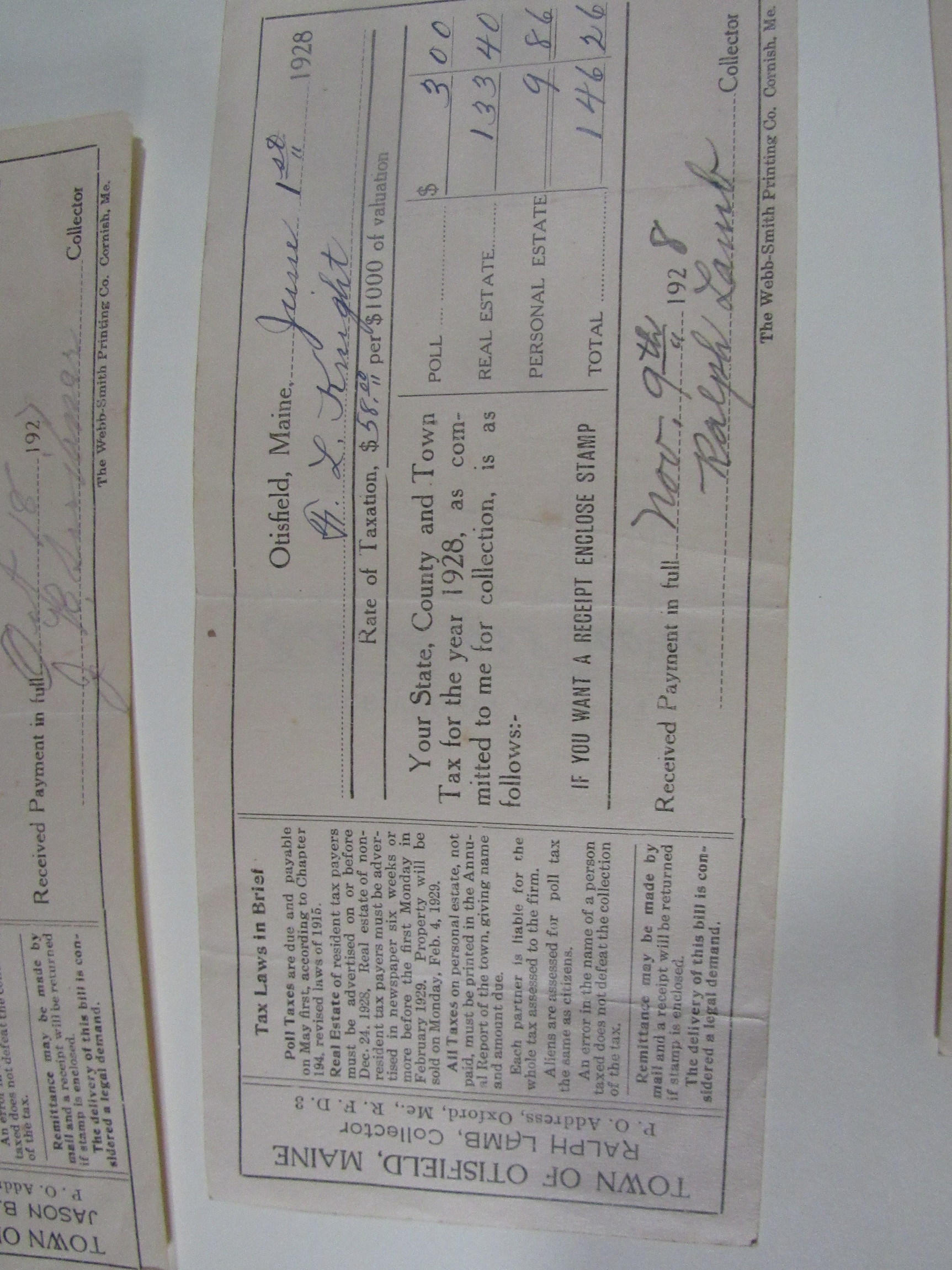 Photograph of A. L. Knight Otisfield tax receipt for 1928.