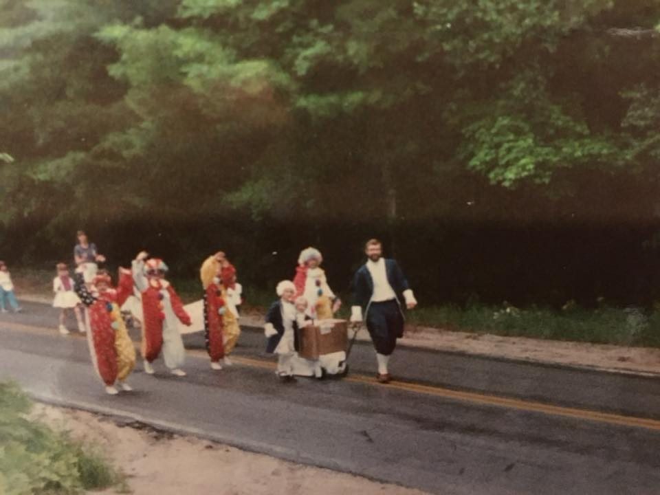 Otisfield 4h of July parade 1987. Photo taken in front of Bartow’s house Rt 121. “Founding Fathers” are Ken Bartow pulling the wagon, Jonathan Bartow walking beside, and Adam Bartow riding. Donated by Polly Bartow
