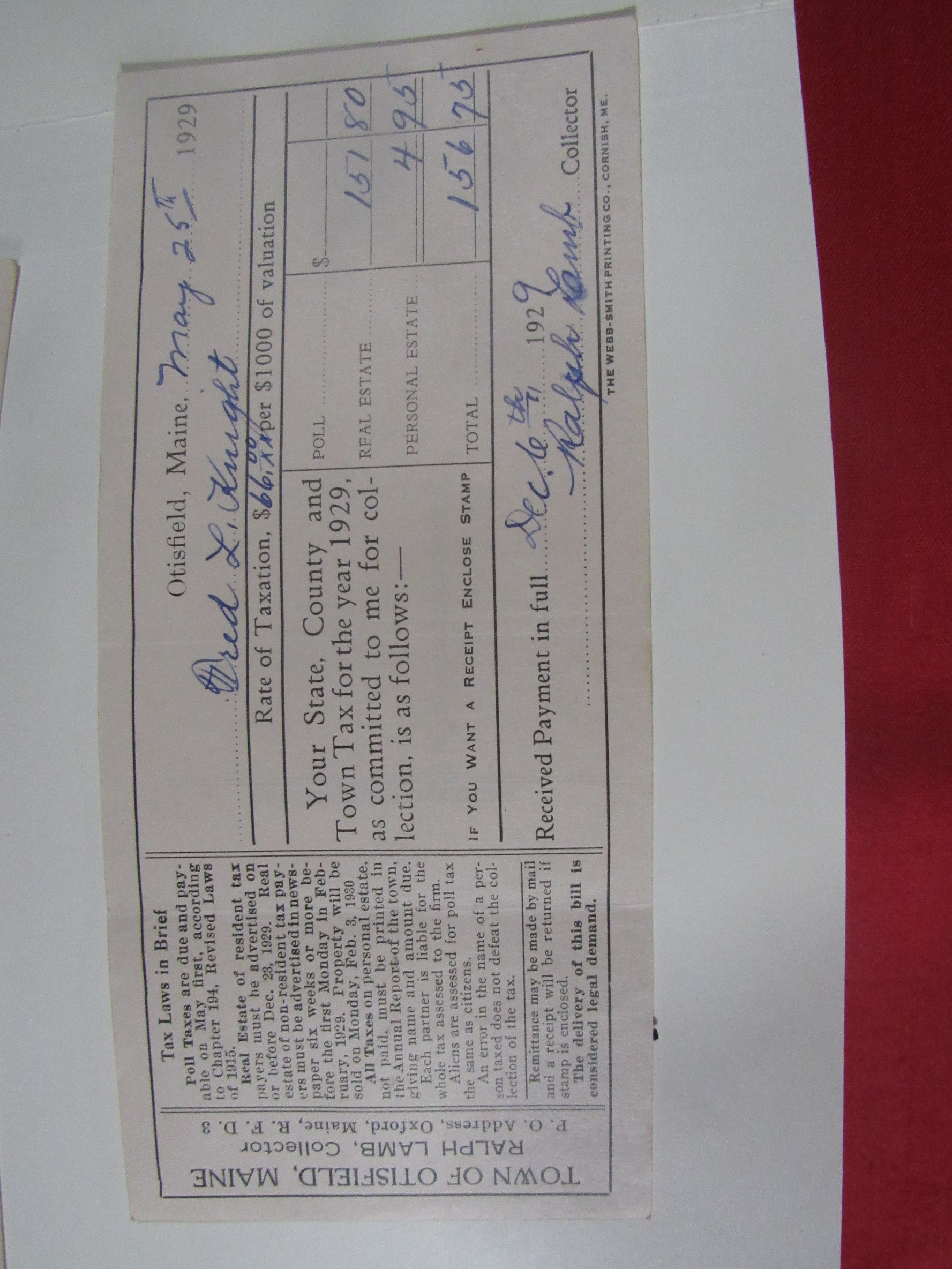 Photograph of Otisfield tax receipt for 1929, collected by Ralph Lamb.