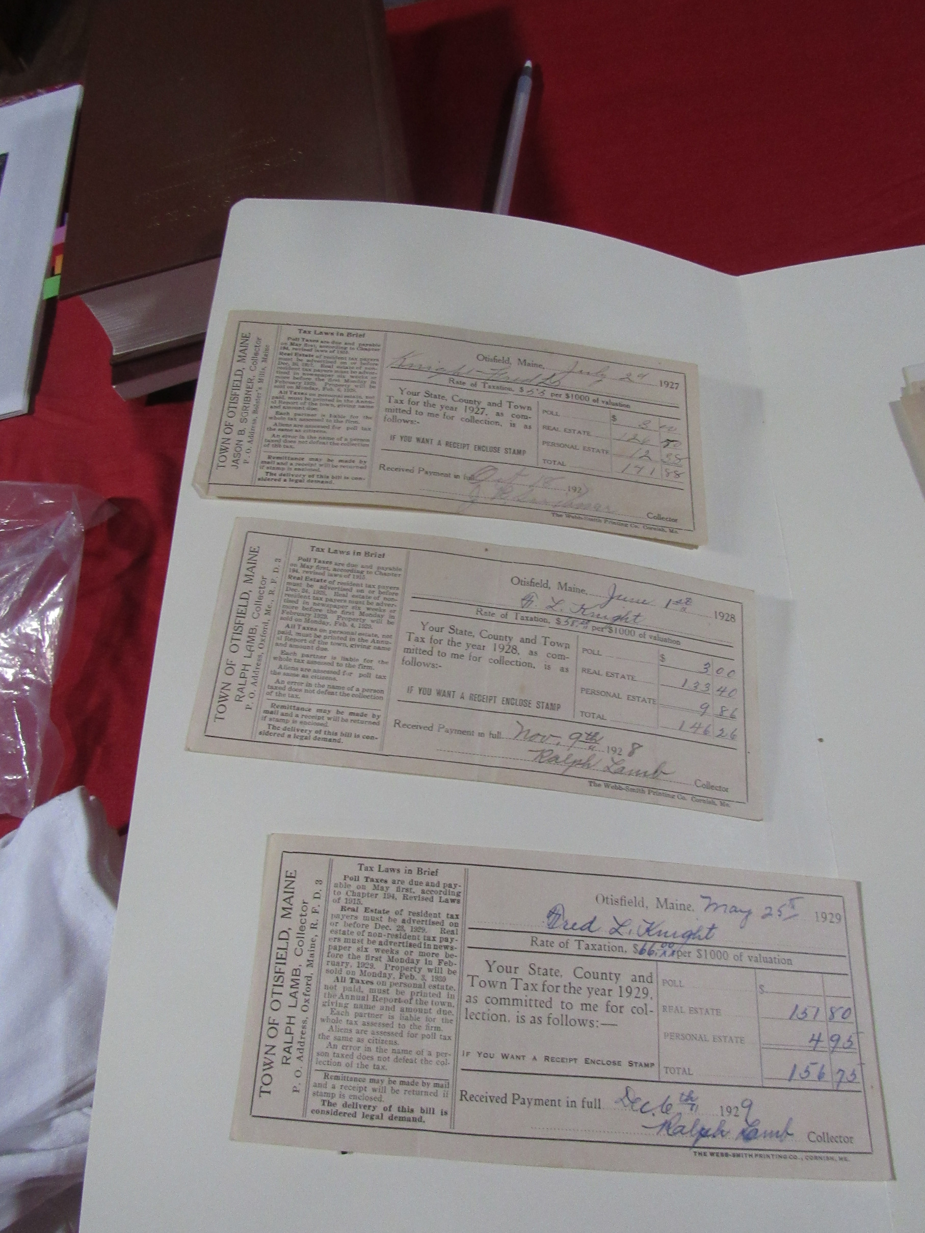 Photograph of Otisfield tax receipts, 1927–1929.