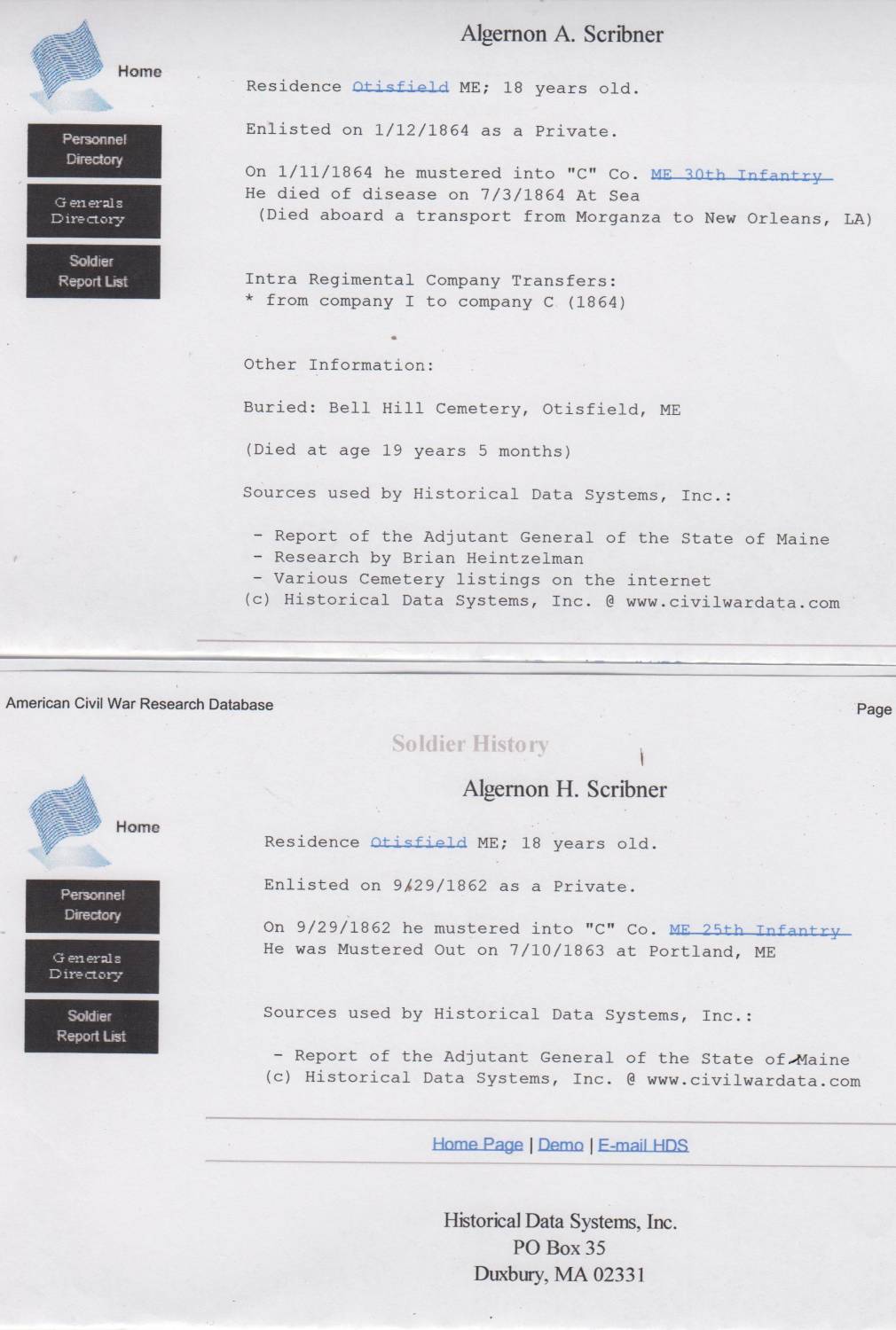 Photograph of Algernon Scribner Civil War service record printouts.