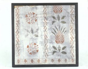 Stencil work by Moses Eaton, circa 1820–1840. A surviving wall fragment with pineapple, willow, and floral stencil motifs.