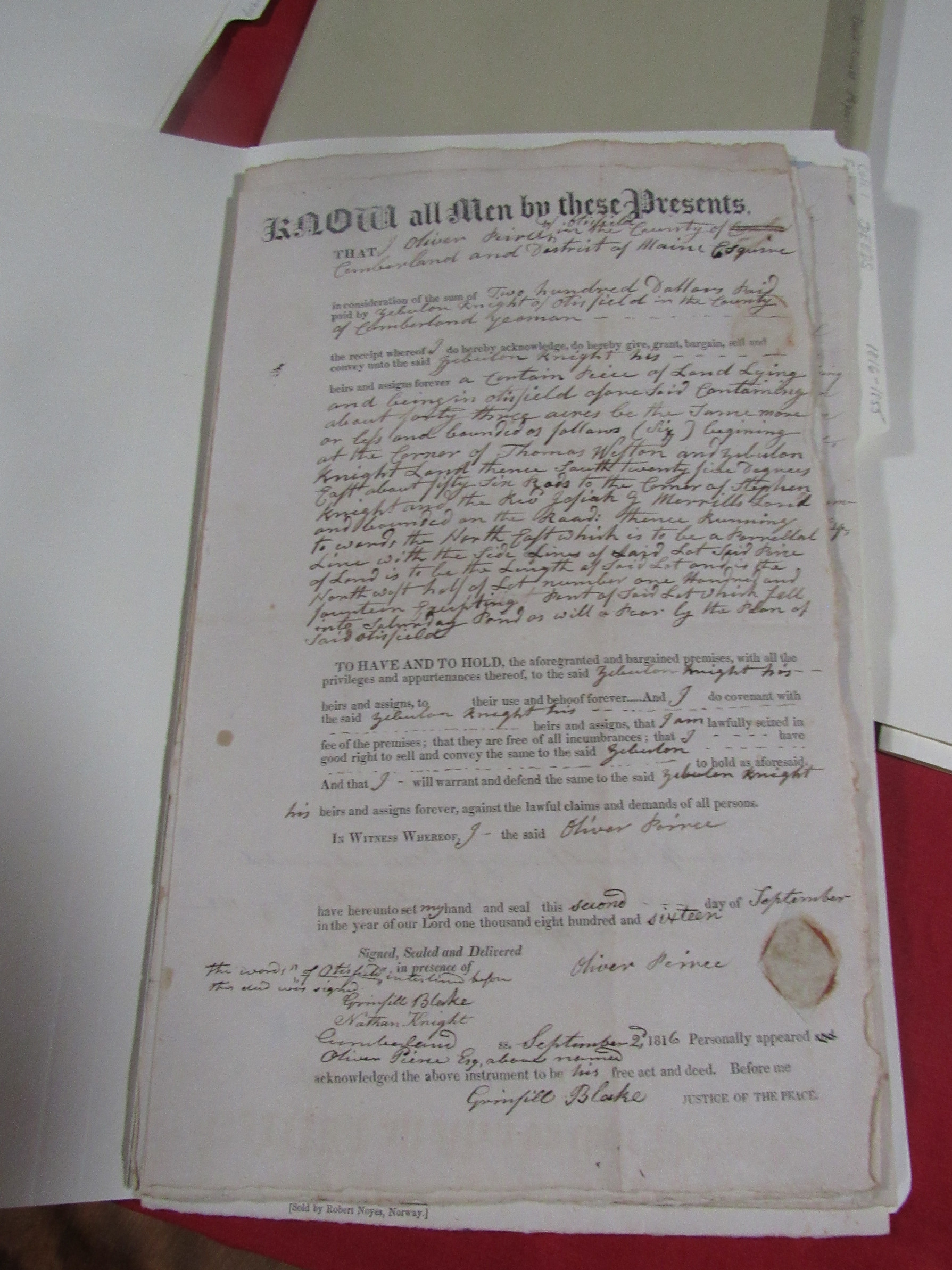Photograph of Oliver Pierce to Zebulon Knight land deed, September 2, 1816.
