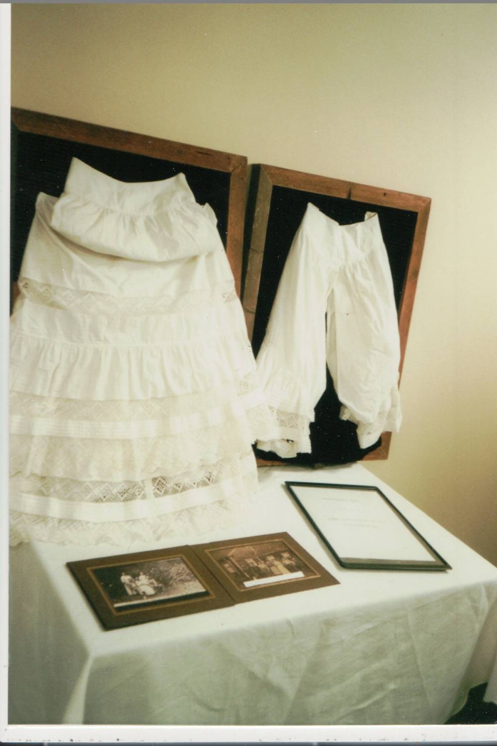 Sybil Lamb’s pantaloon and petticoats, displayed at Town House. The OHS Archives Room is named for Sybil, who left a trust fund to the town. Some of this fund paid for the completion of this room