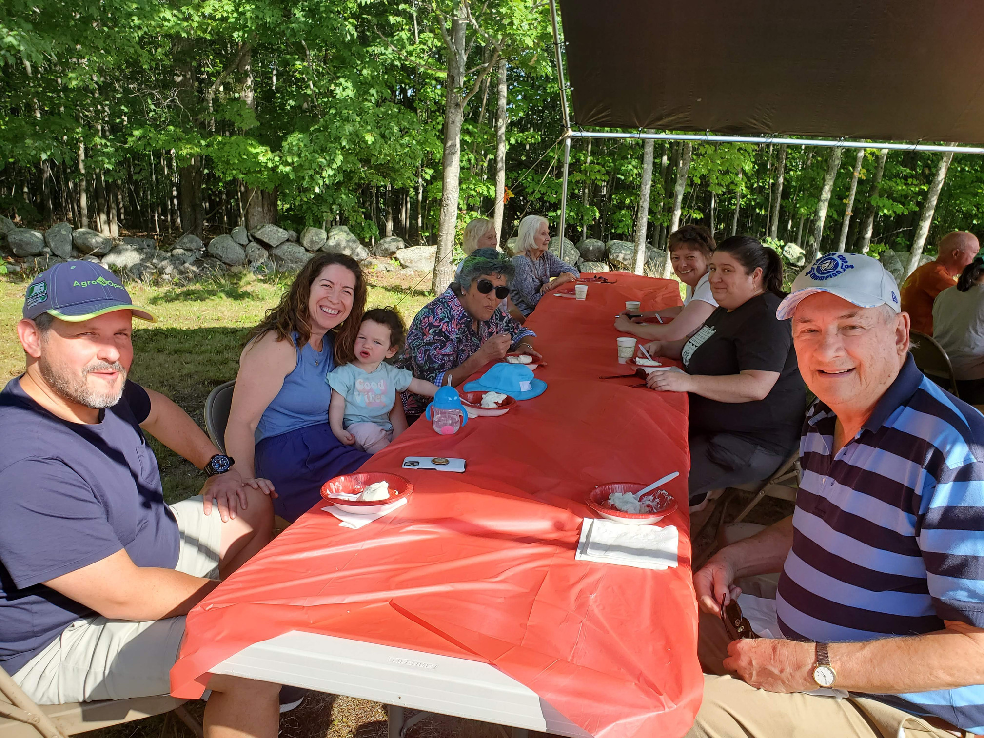 Guests gathered outdoors for refreshments at the Strawberry Festival at Bell Hill Meetinghouse.
