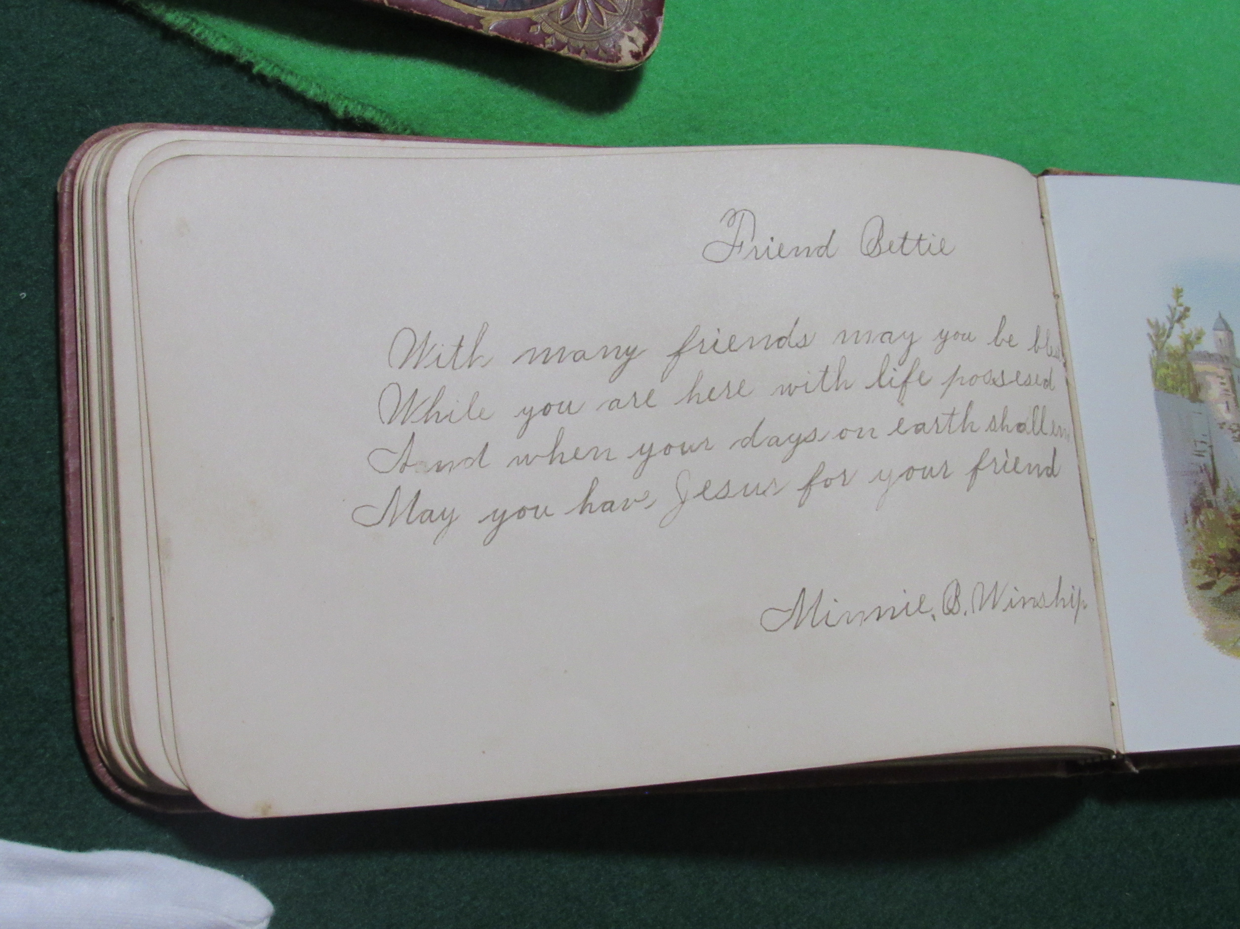 Photograph of Autograph album verse to Bettie, signed Minnie B. Winship.