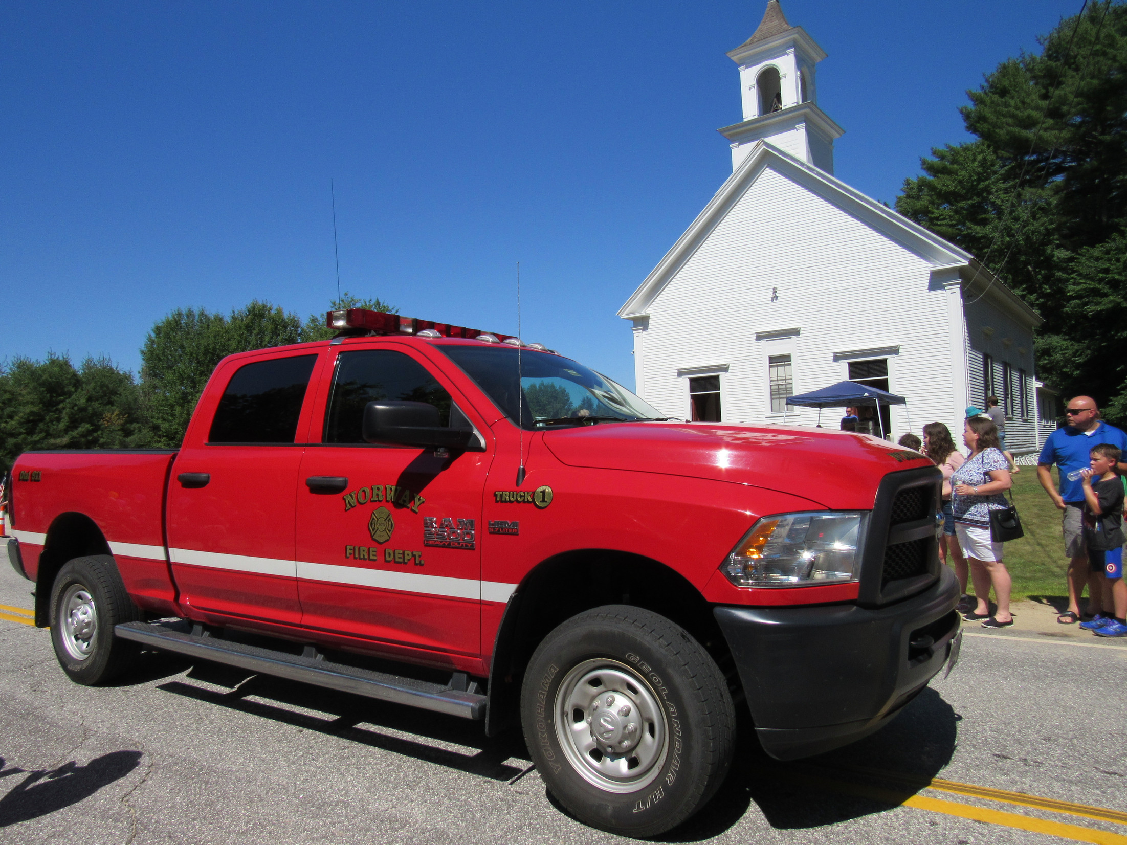 Red fire department pickup truck at the Fourth of July parade.