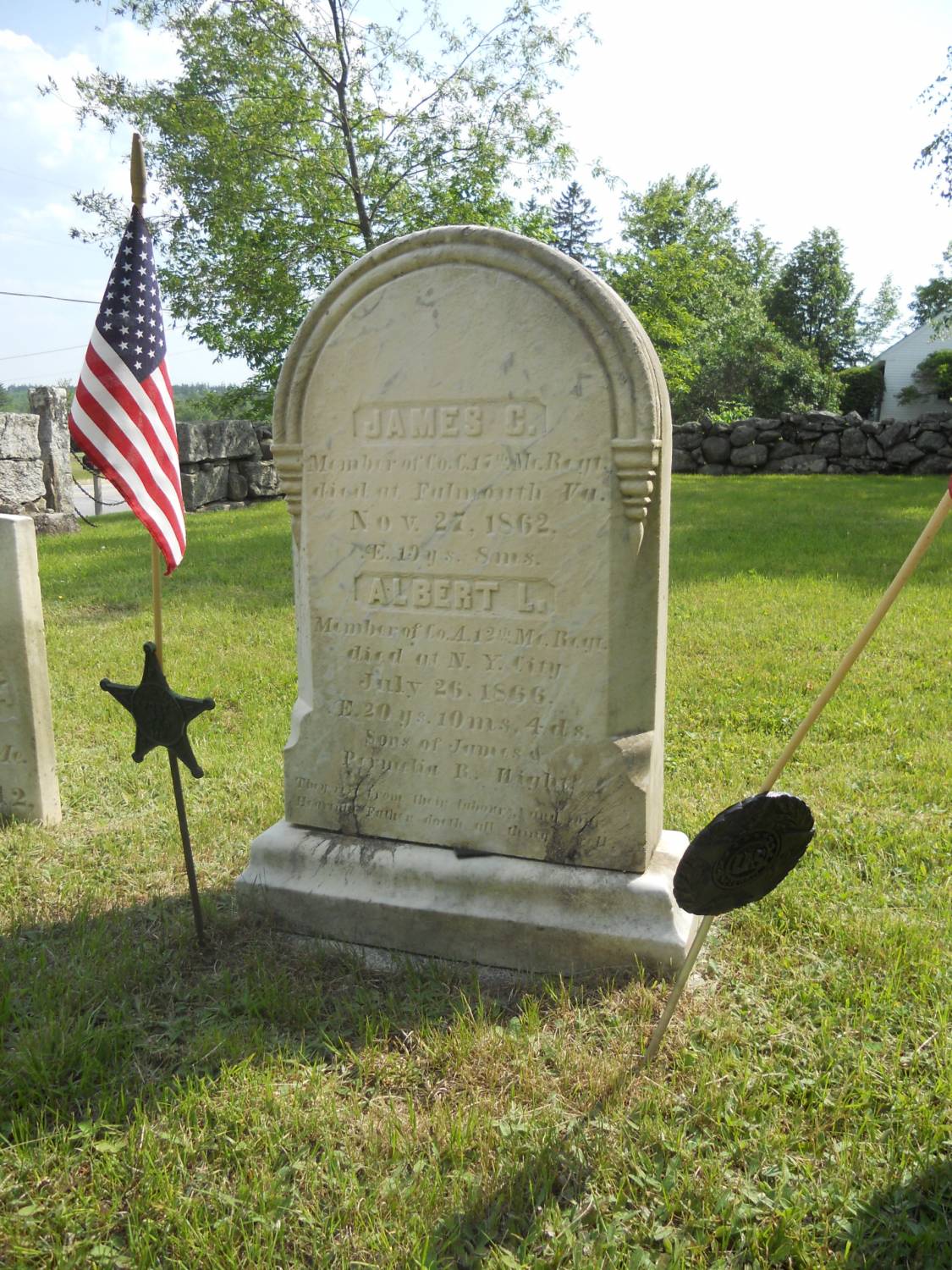 Gravestone in Wight Family Cemetery of brothers James C. and Albert L. Wight, both of whom served in the Civil War