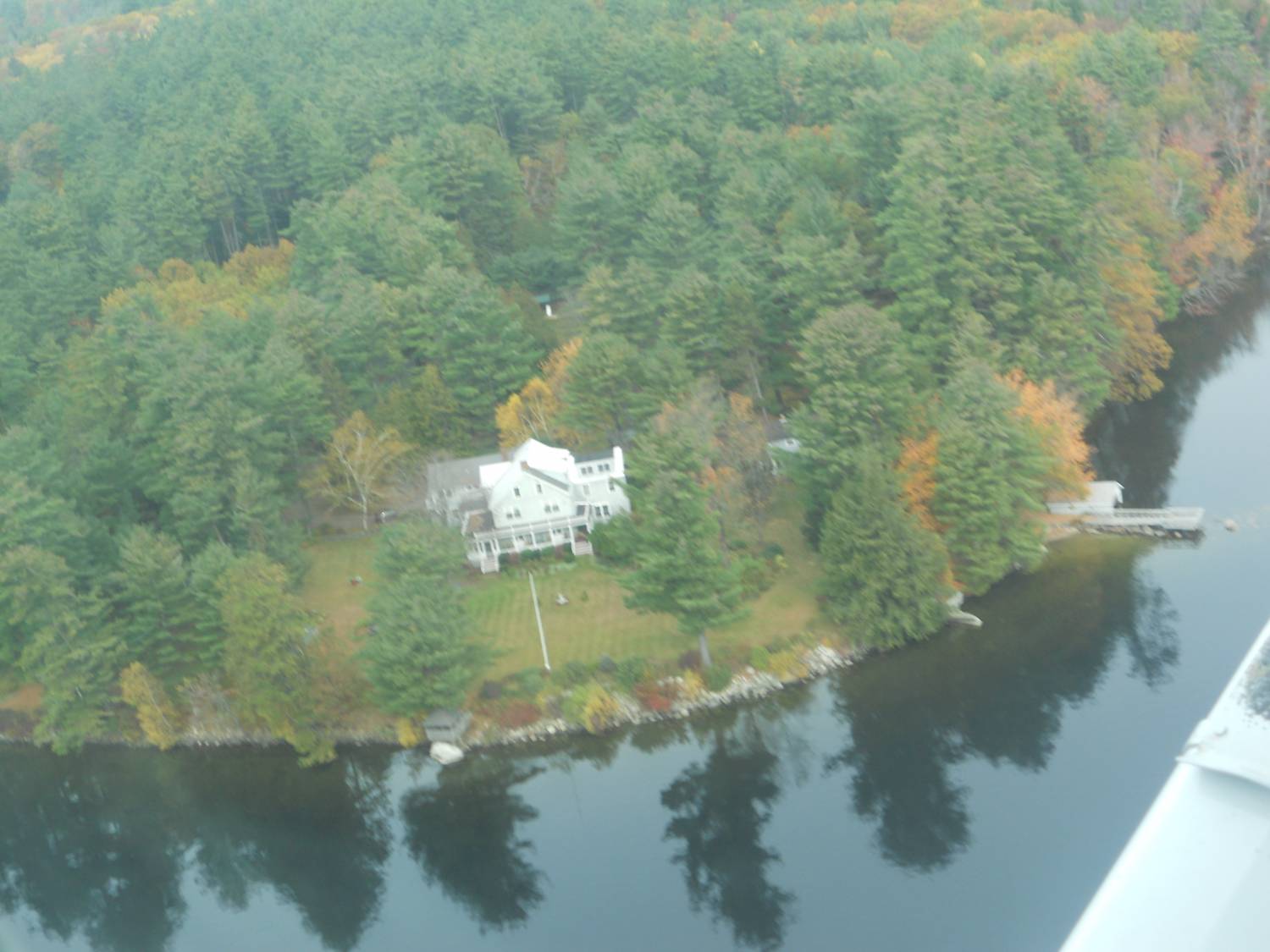 Aerial view of The Cape, house built by George and Eva Elliot in Otisfield Cove, now owned by Ethel Bean Turner