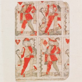 Woodblock printed playing cards from France, circa 1490. Four historical playing cards with red and black printed figures.
